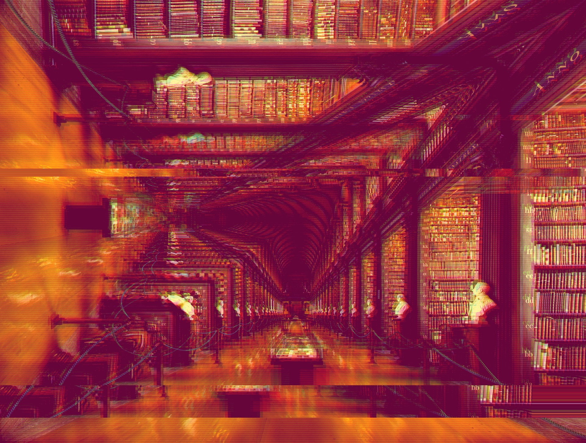 Pink-toned glitched photo of the Long Room library in Trinity College Dublin. The photo is mirrored along a horizontal axis from the lower-left corner to the upper-right. Scan lines and colour shifting of blue and green have been applied to the image.